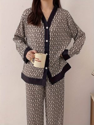 Women's Pajama Set, Long Sleeve, V-Neck, Polyester, Geometric Print